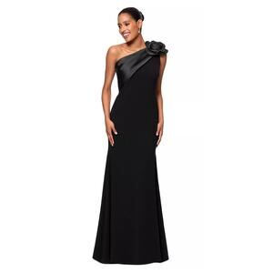 Betsy & Adam Rosette One-Shoulder Crepe Trumpet Gown Size 14